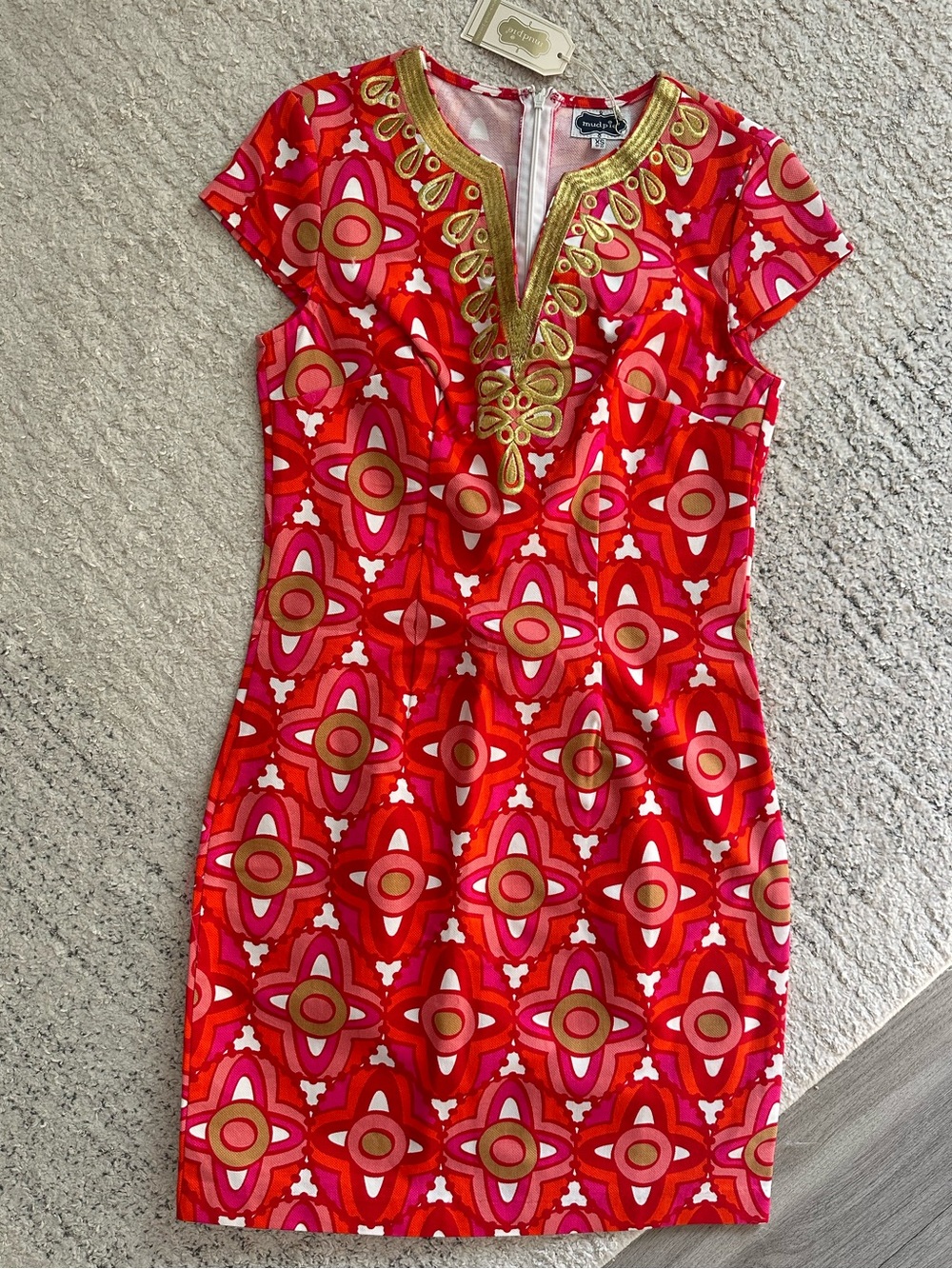 Red & Pink Patterned Short Sleeve Dress with Gold Trim